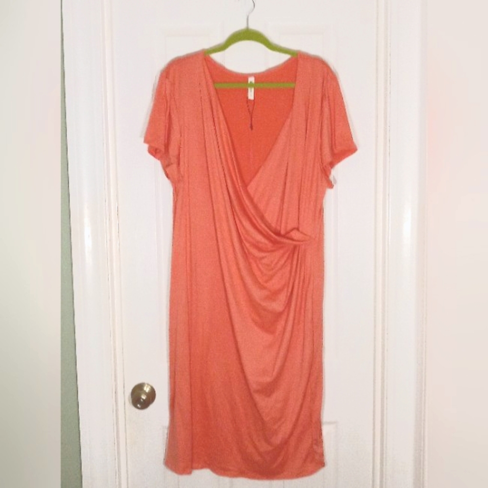 draped knit dress faux wrap bodice 3X Flutter Sleeve V-neck 24Seven